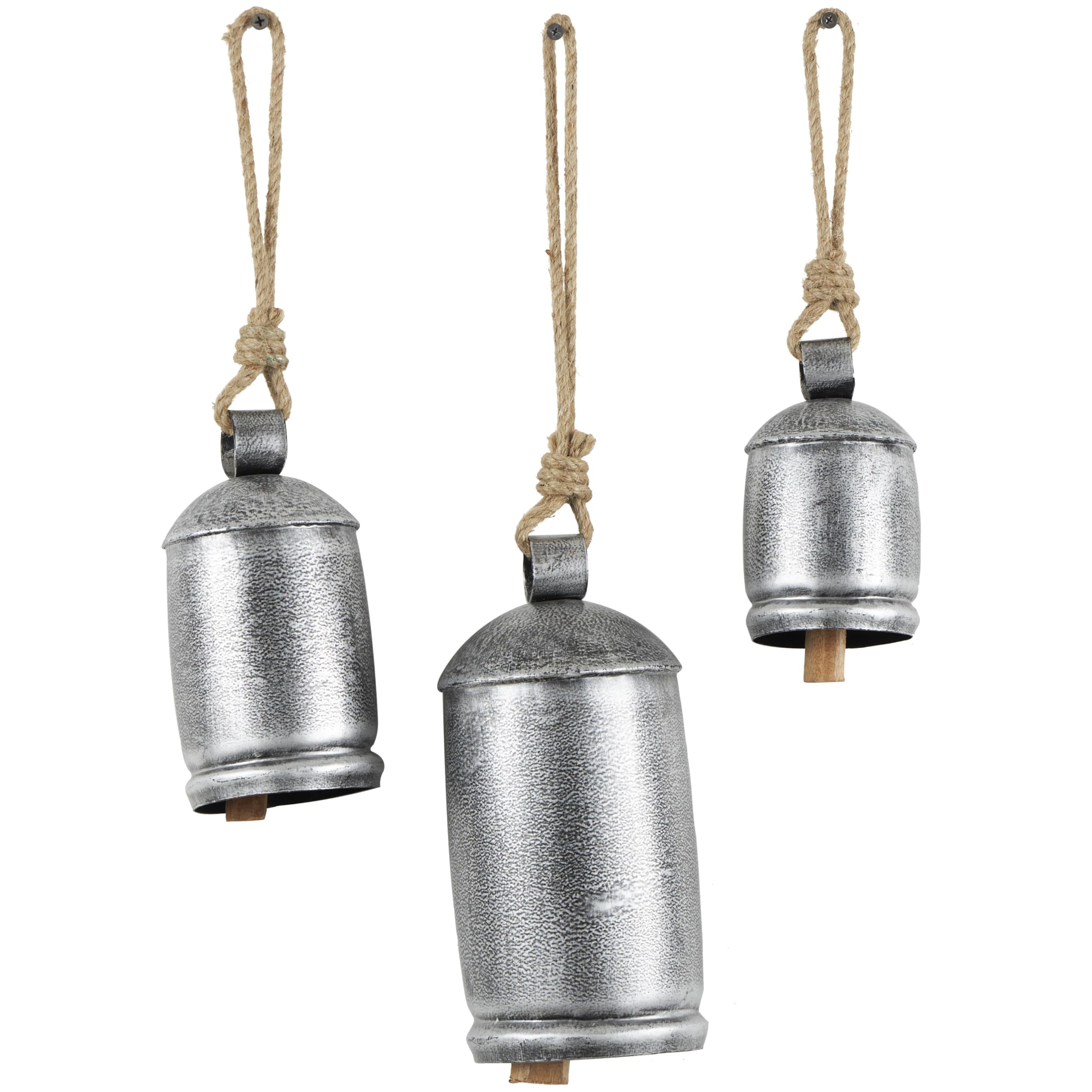 Deco 79 Gold Metal Tibetan Inspired Decorative Giant XL Cow Bells with Jute Hanging Rope, Set of 3 10",8",6"H - Cylindrical